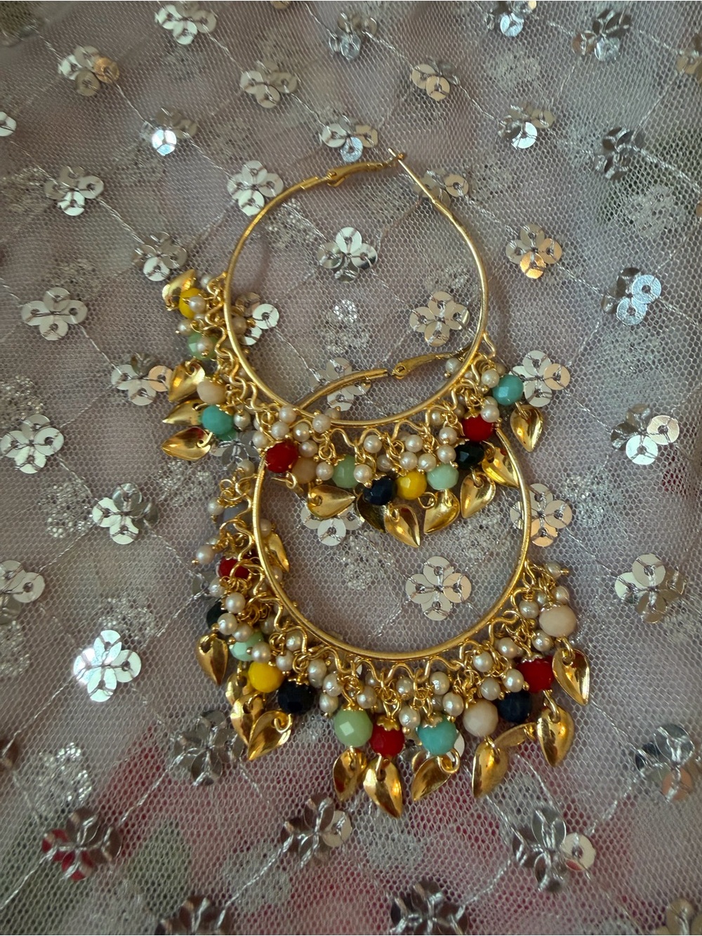 Gold Multicolor Beaded Hoop Earrings - Women Jewelry